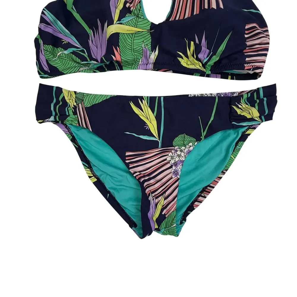 Trina Turk Tropical Floral Halter Bikini Set Navy Botanical Gold Hardware US 8 - Picture 3 of 14
